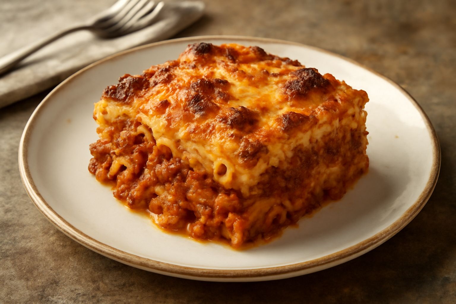 Pasticcio di pasta e ragù appena sfornato in pirofila bianca, superficie dorata e leggermente gonfia, bordi croccanti, vapore caldo ancora visibile, pasta e ragù morbidi in sezione visibile dal lato