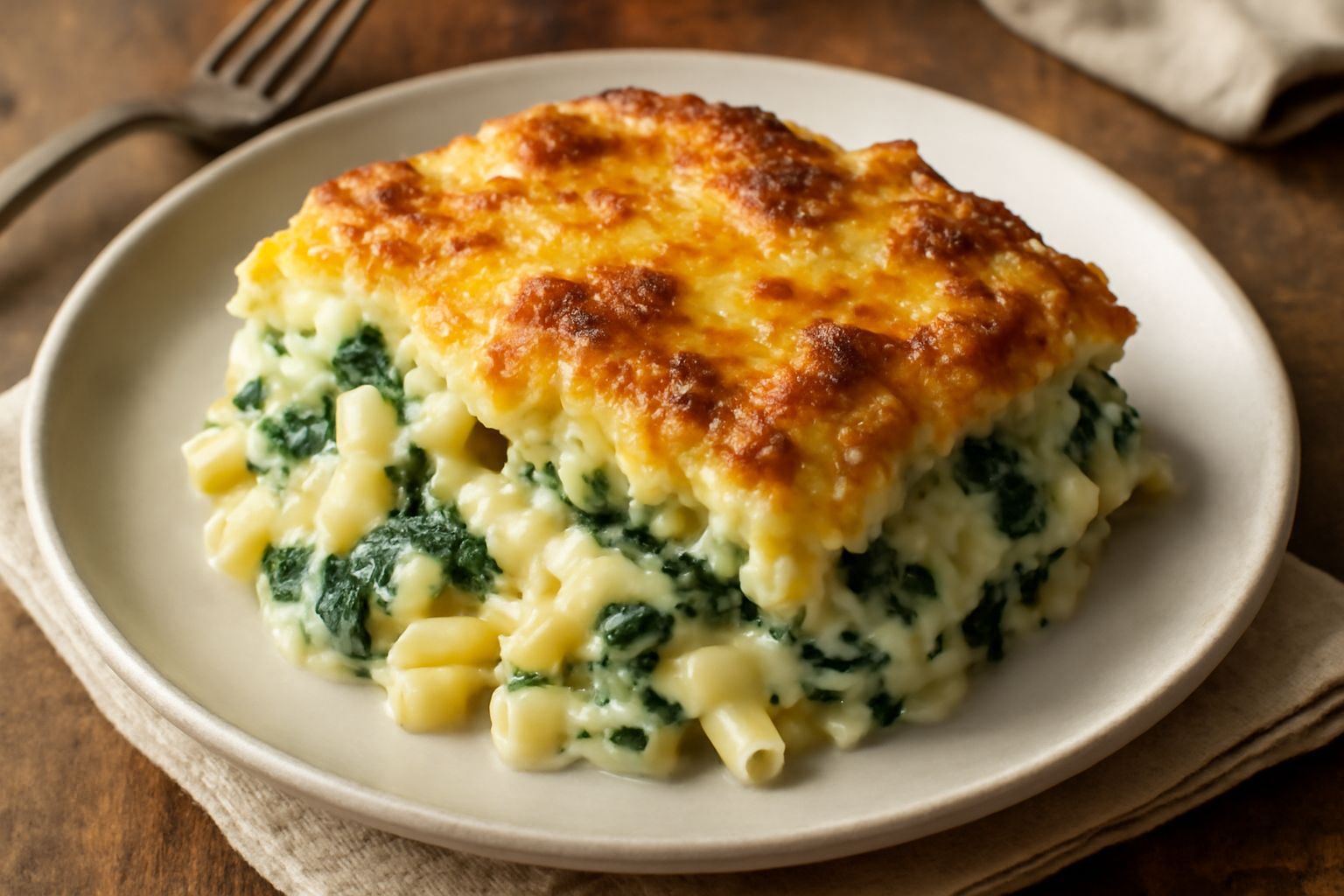 Pasticcio di pasta e spinaci servito in piatto bianco, con crosta dorata di formaggio, spinaci verdi e pasta visibili nel taglio, guarnito con parmigiano grattugiato fresco