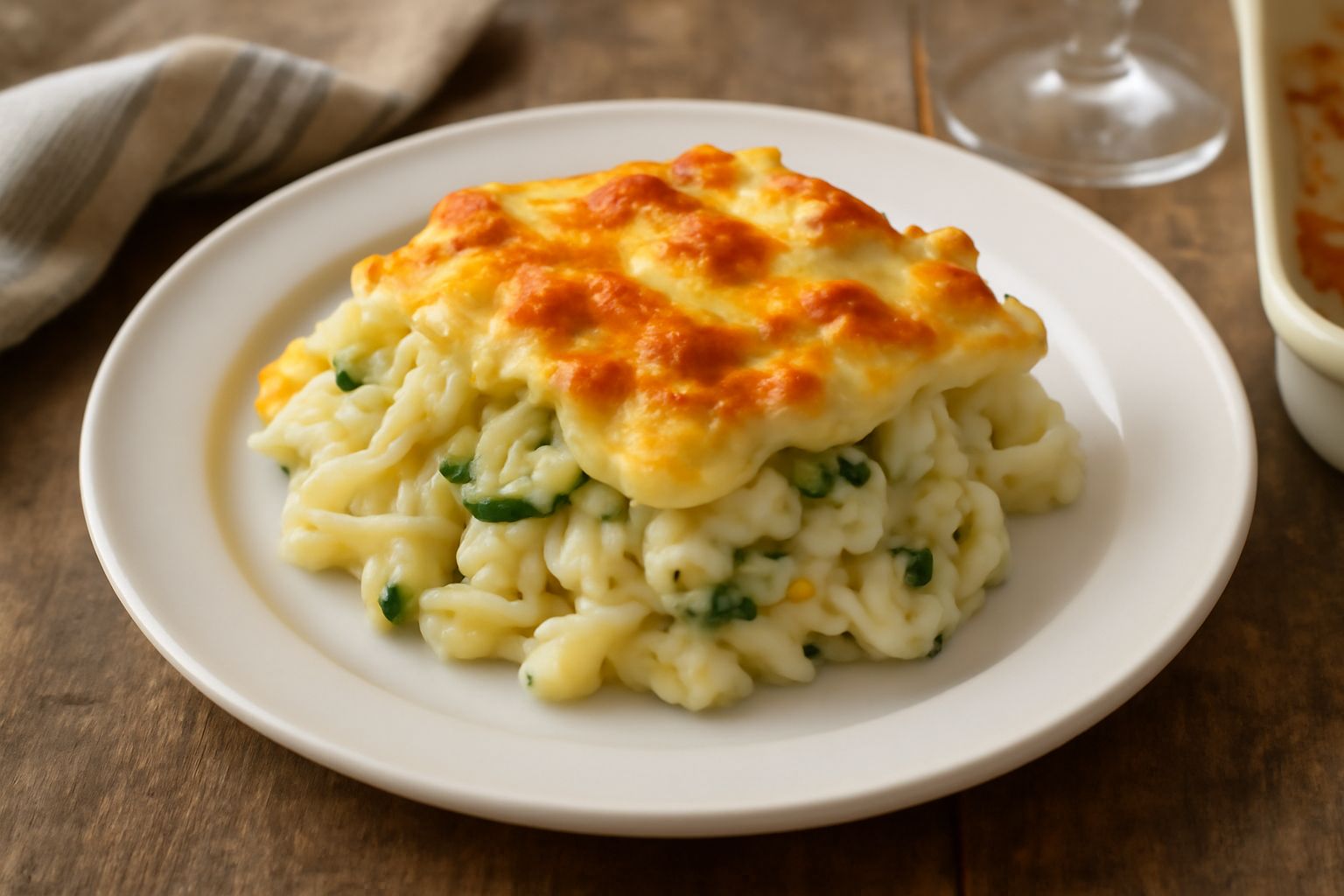 Pasticcio di pasta e zucchine appena sfornato, dorato in superficie, tagliato in porzioni quadrate, visibile il ripieno cremoso con pezzetti di zucchina verde e pasta, servito in una pirofila rettango