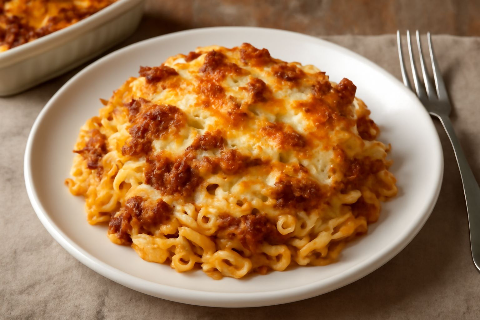 Pasticcio di pasta in pirofila rettangolare con superficie dorata e croccante, sezione interna che mostra strati di pasta, ragù rosso scuro e besciamella bianca, porzione servita su piatto bianco con