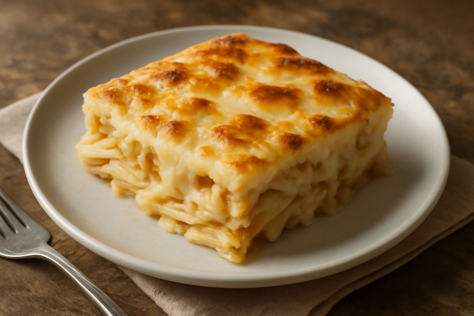 Pasticcio di pennette rigate dorato in superficie, tagliato a quadrati in un piatto bianco, con besciamella cremosa visibile nei bordi e una crosta gratinata superiore color oro