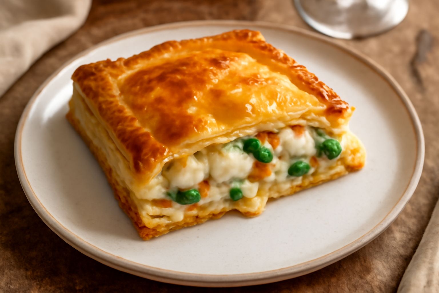 Pasticcio di persico appena sfornato con pasta sfoglia dorata e croccante, all'interno visibile il persico bianco e la salsa cremosa, servito in piatto bianco fondo