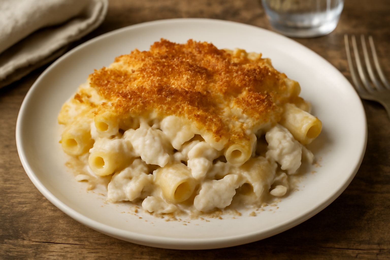 Pasticcio di pesce in piatto bianco: pasta penne e filetti di branzino in salsa cremosa di besciamella, doratura dorata in superficie, guarnito con pane grattugiato e prezzemolo fresco