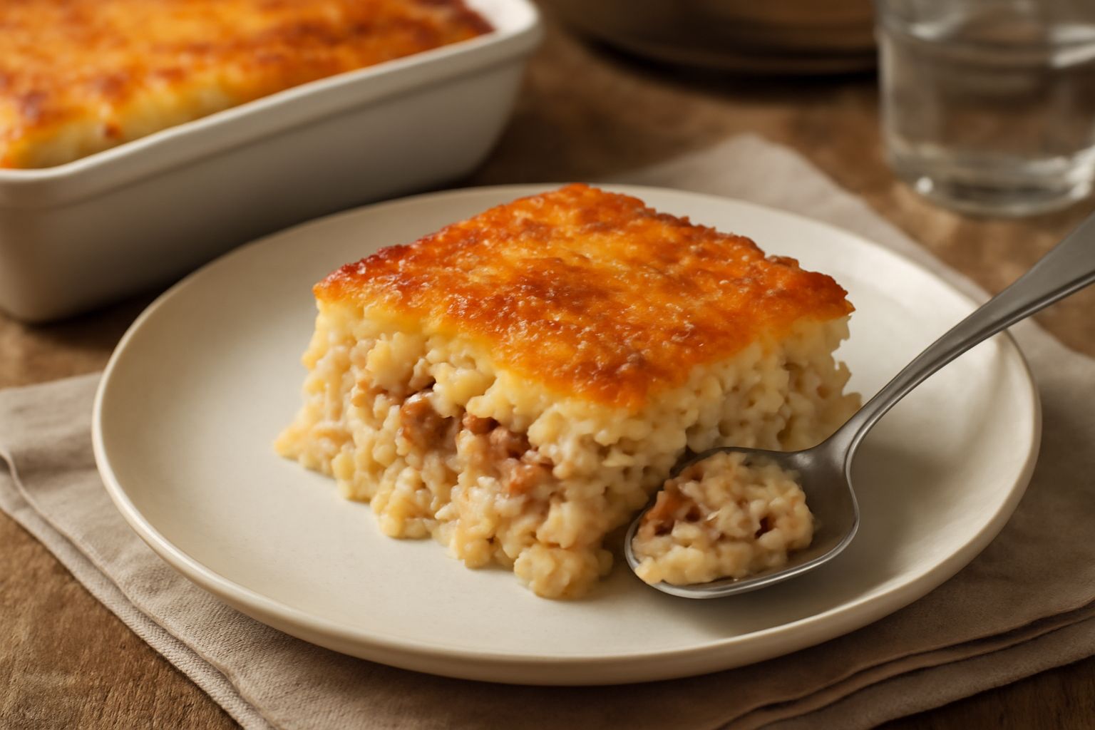 Pasticcio di riso gratinato in pirofila di ceramica bianca, superficie dorata e croccante, sezione del taglio che mostra strati di riso cremoso, ragù e besciamella color nocciola, guarnito con prezzem