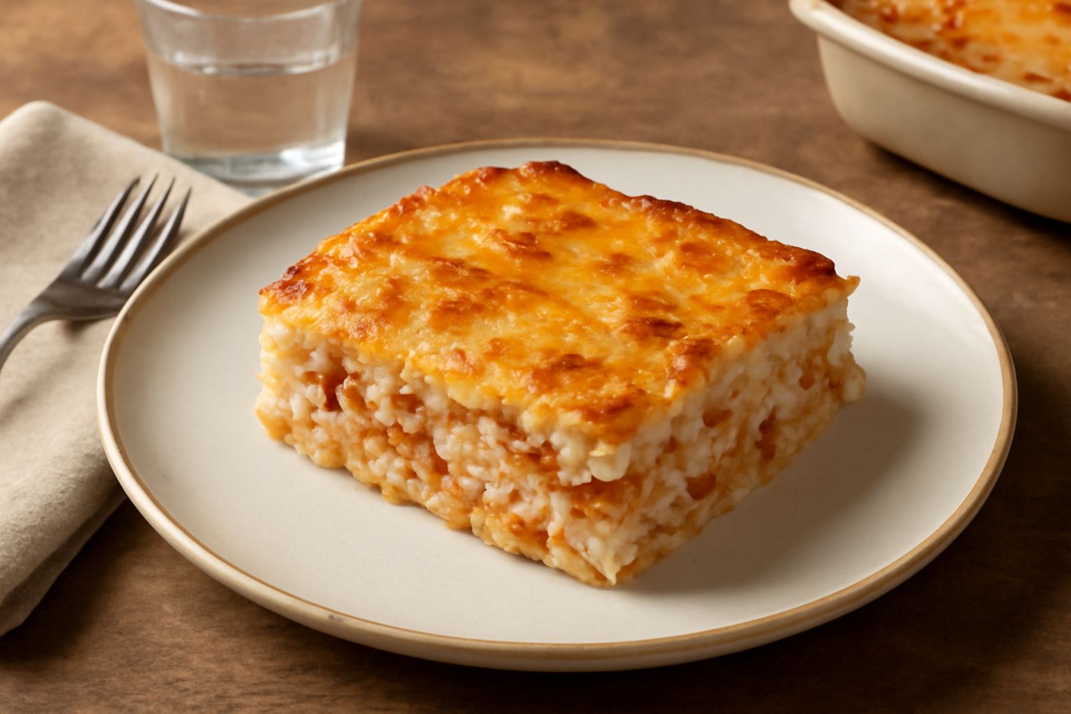 Pasticcio di riso e ragù appena sfornato, con superficie dorata e croccante, dentro ciotola in ceramica bianca, ragù rosso visibile tra gli strati di riso cremoso, guarnito con filo di prezzemolo fres