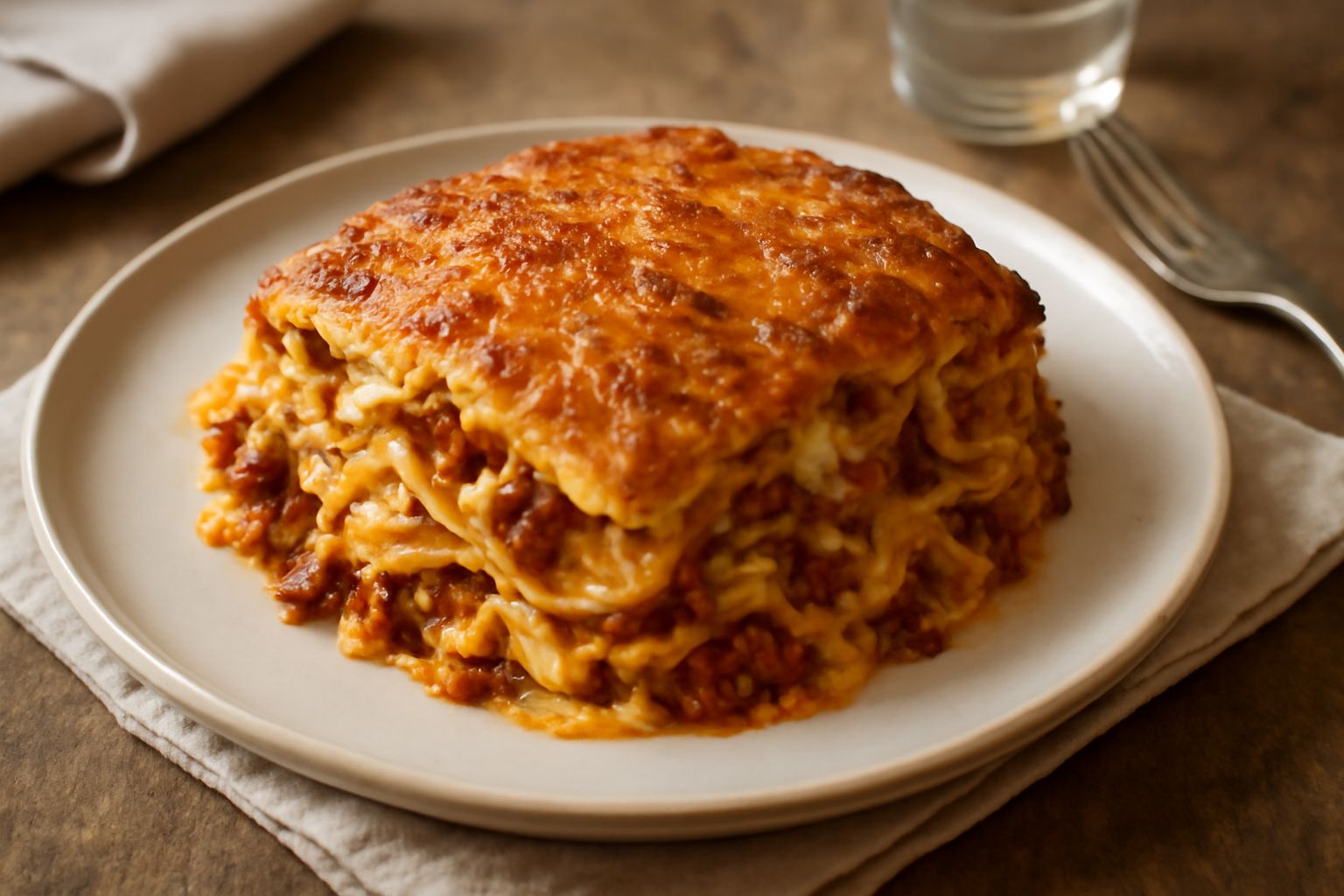 Pasticcio di tagliatelle servito in piatto bianco, con superficie dorata croccante, visibili strati di pasta gialla, ragù rosso scuro e crema bianca di besciamella, guarnito con parmigiano grattugiato