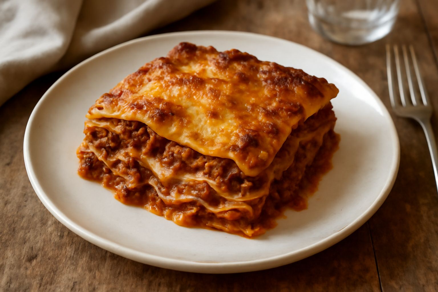 Pasticcio d'oca in piatto bianco, superficie dorata e croccante, visibili strati di pasta all'uovo e ragù di oca scuro, guarnito con parmigiano grattugiato, in una porzionata singola