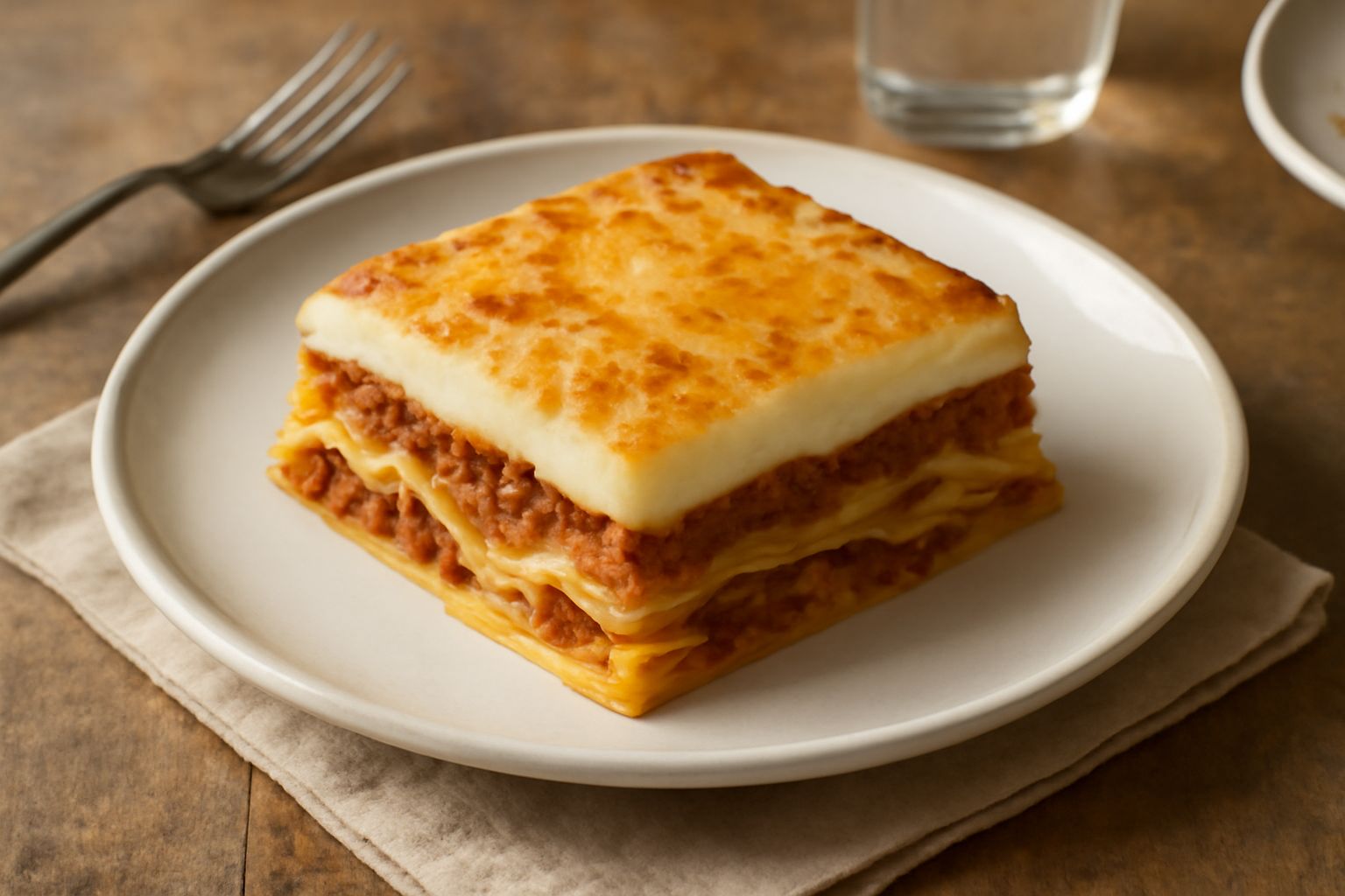 Pasticcio freddo affettato nel piatto con pasta, ragù rosso e besciamella bianca stratificati, guarnito con prezzemolo fresco e una forchetta sul bordo