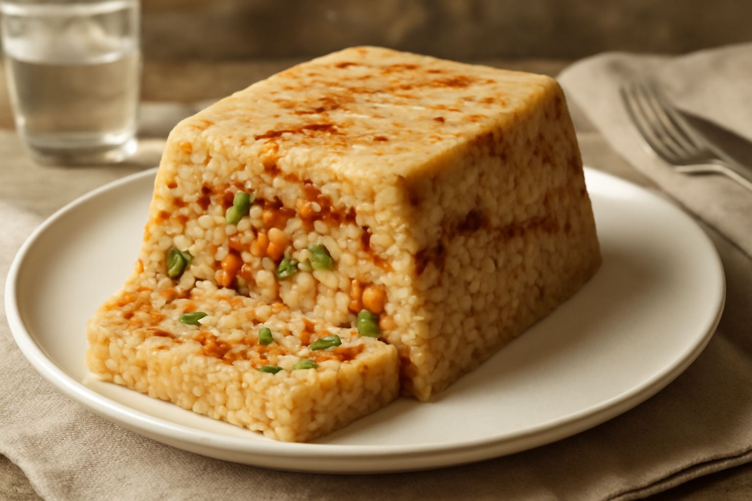 Pasticcio freddo di riso servito in piatto bianco, affettato a porzioni regolari, colore beige con vene di ragù rosso, pezzetti di verdure verdi e gialle visibili sulla superficie, guarnito con prezze