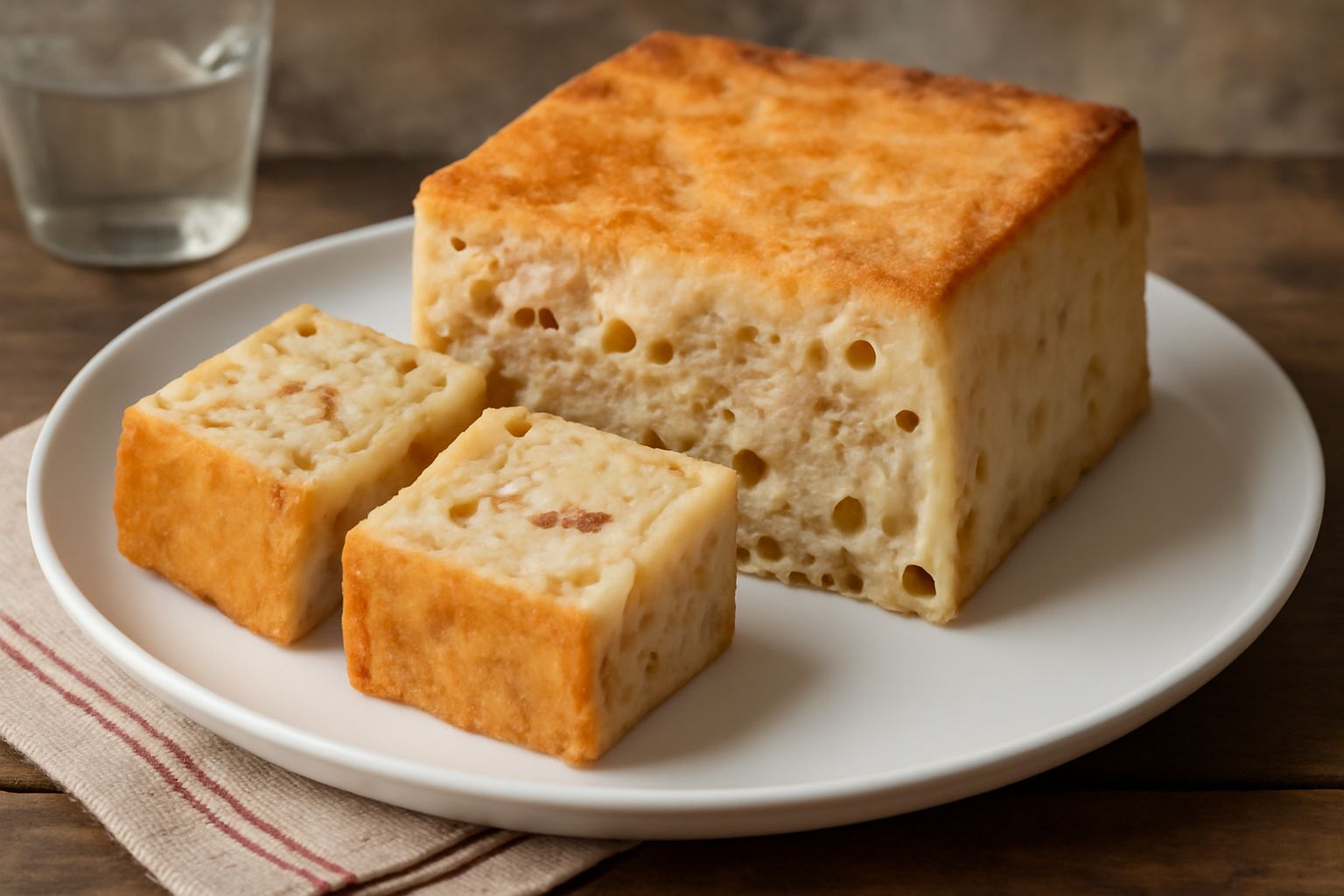 Pasticcio freddo vicentino tagliato a fette, cremoso e compatto, con pasta visibile, ragù bianco e strati di besciamella, servito in piatto bianco con contorno di insalata verde