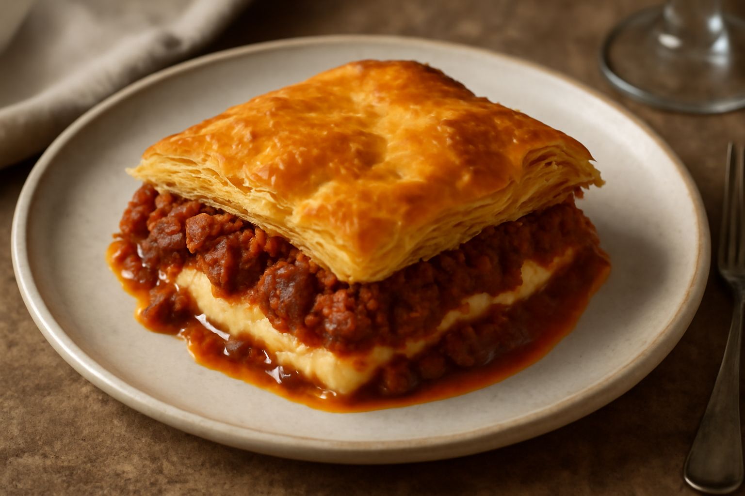Pasticcio triestino appena sfornato con sfoglia dorata croccante in superficie, visibile il ripieno cremoso di ragù e besciamella leggermente dorato ai bordi, porzionato in un piatto bianco con forche