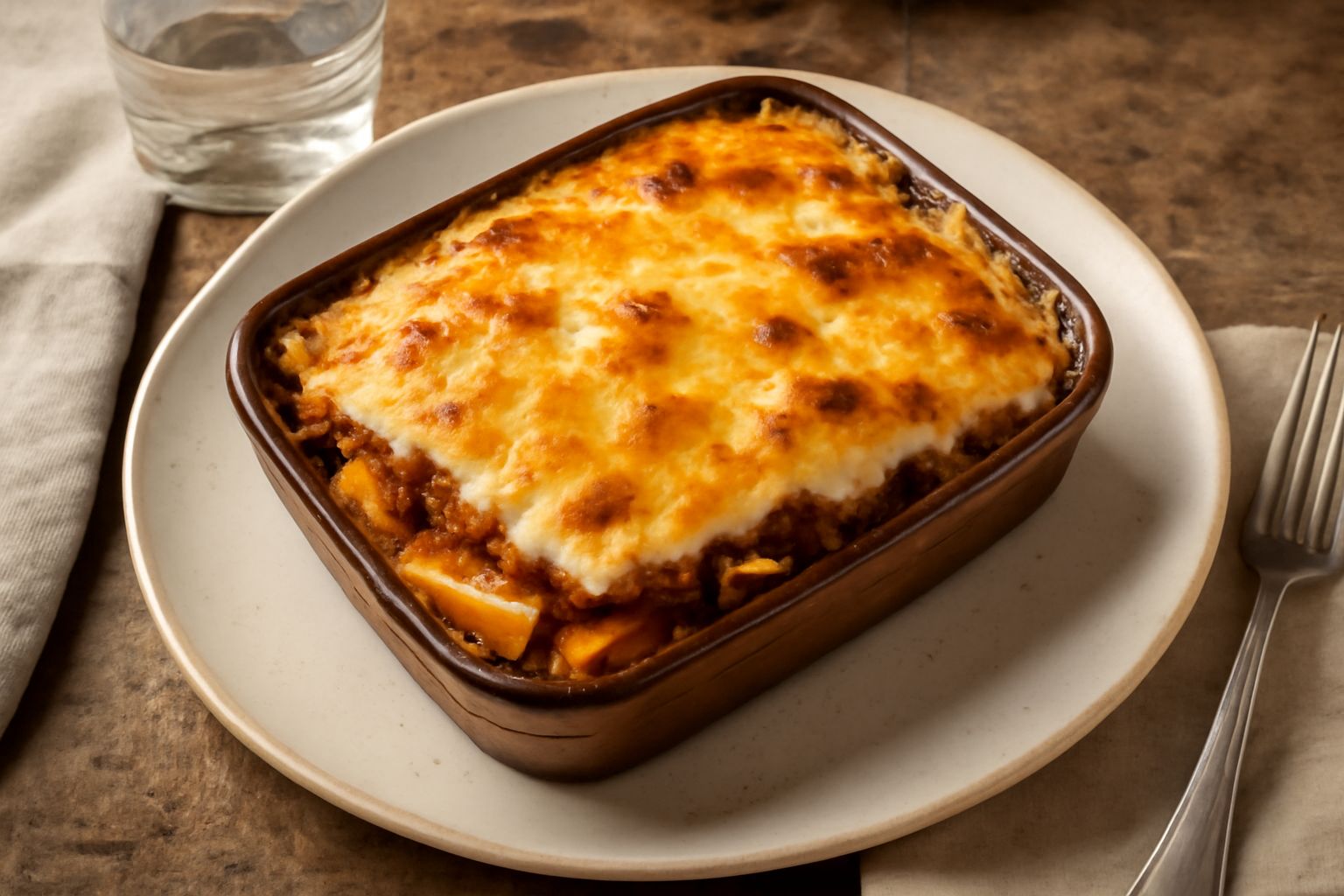 Pasticcio vicentino appena sfornato in una teglia rettangolare, con superficie dorata e besciamella leggermente gratinata, circondata da ragù scuro che fuoriescono dai bordi