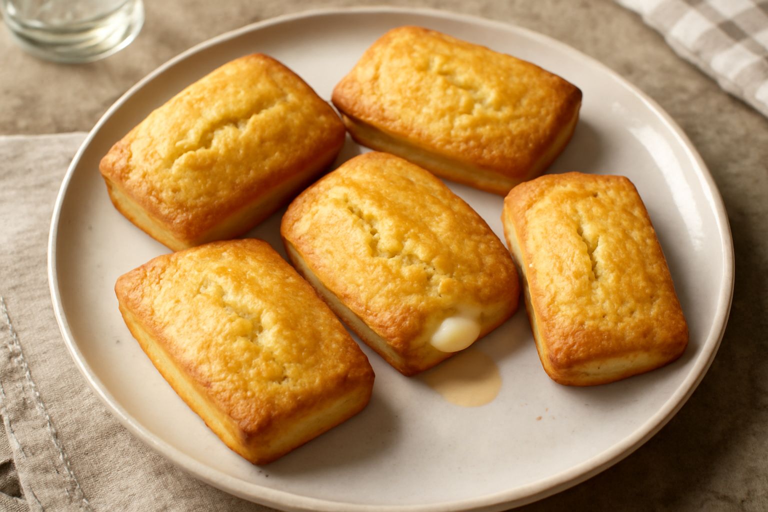 Pasticciotti con pasta frolla dorata, croccante e leggermente spaccata al centro, ripieno di crema pasticcera beige, disposti su un piatto bianco con una tazza di caffè