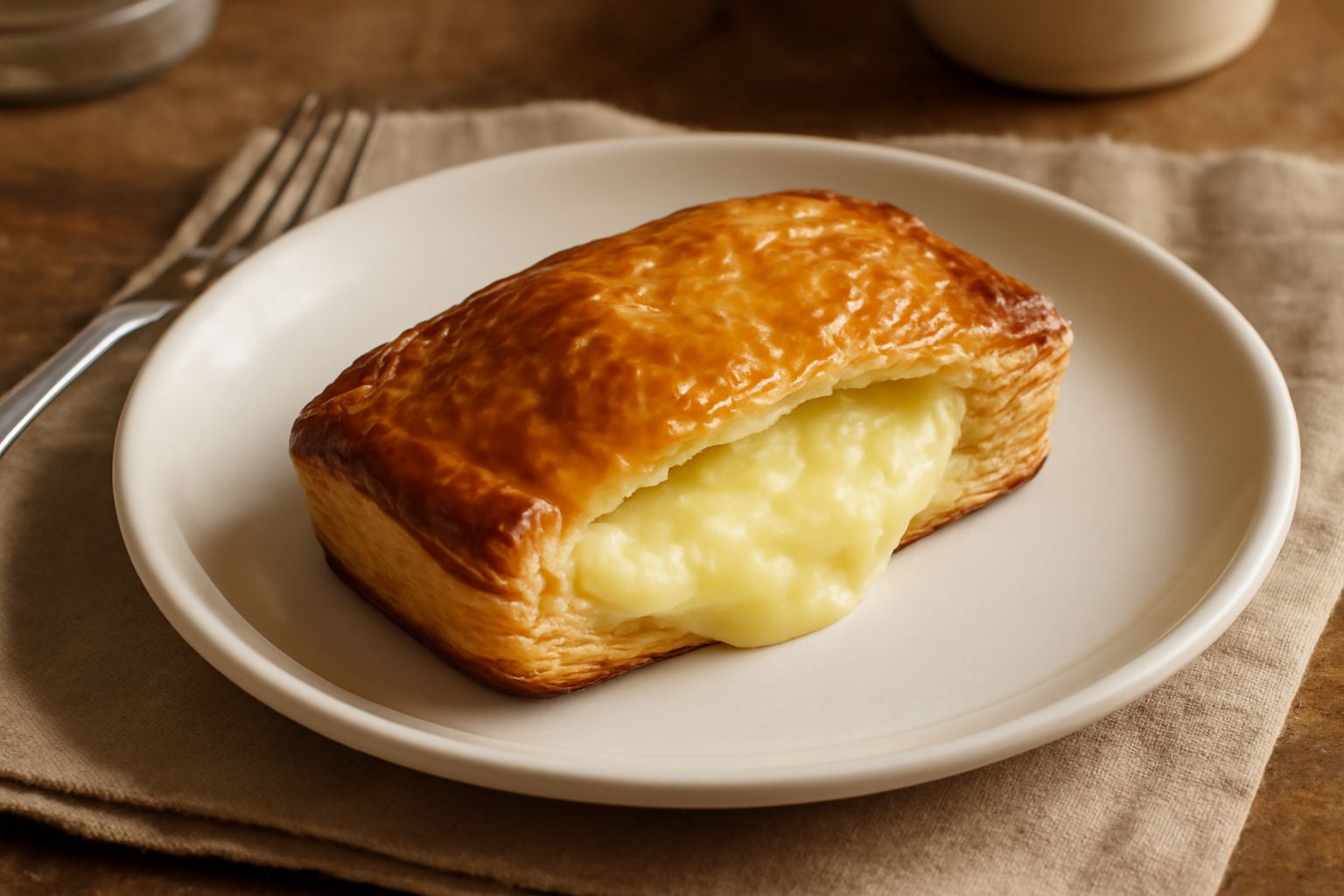 Pasticciotto con pasta sfoglia dorata e croccante, spezzato a metà per mostrare la crema custode densa all interno, servito su piatto bianco con gocce di crema ai lati