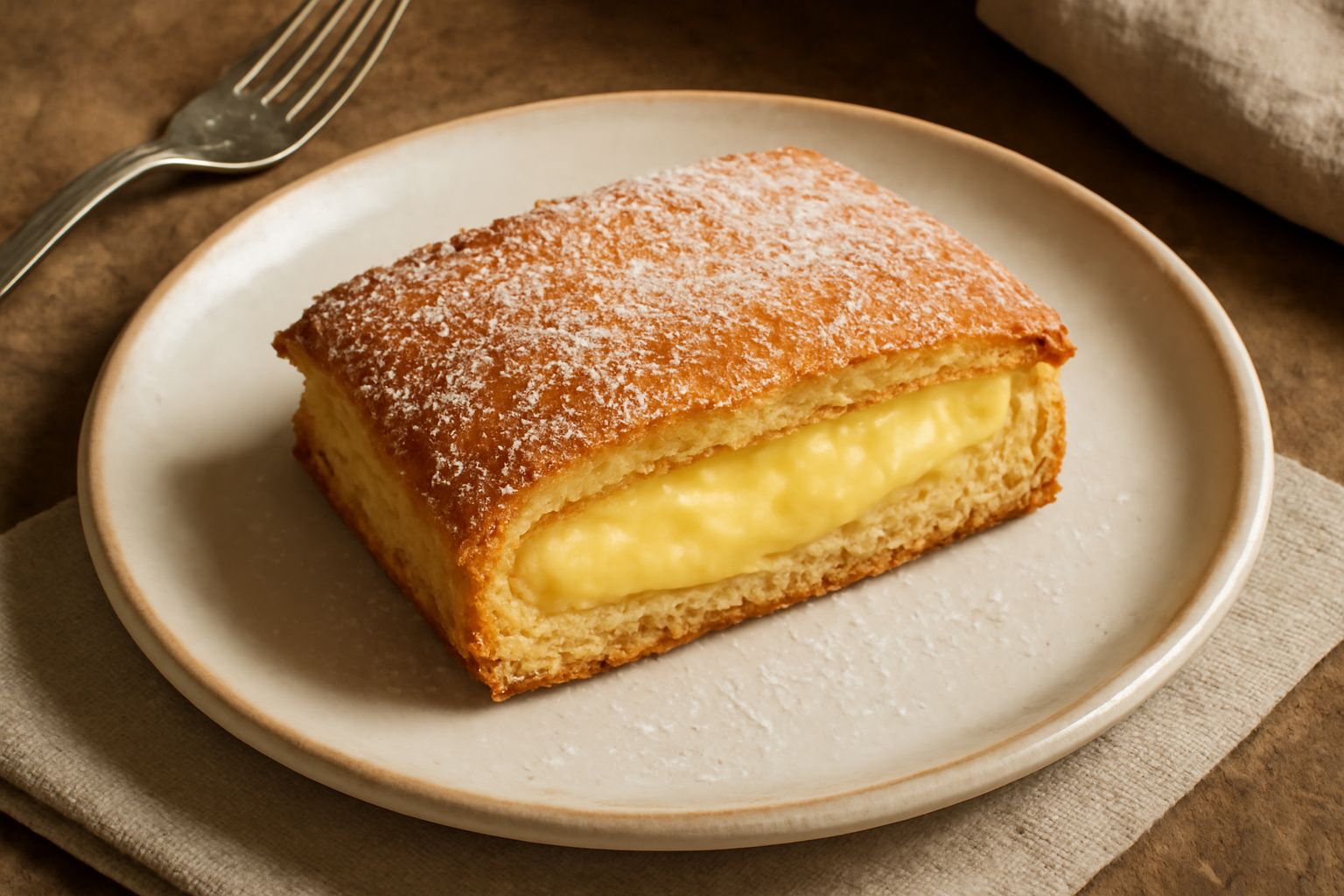 Pasticciotto calabrese spezzato in due, che mostra la crema pasticcera gialla all'interno, su piatto bianco con zucchero a velo sparso, sfondo chiaro da cucina