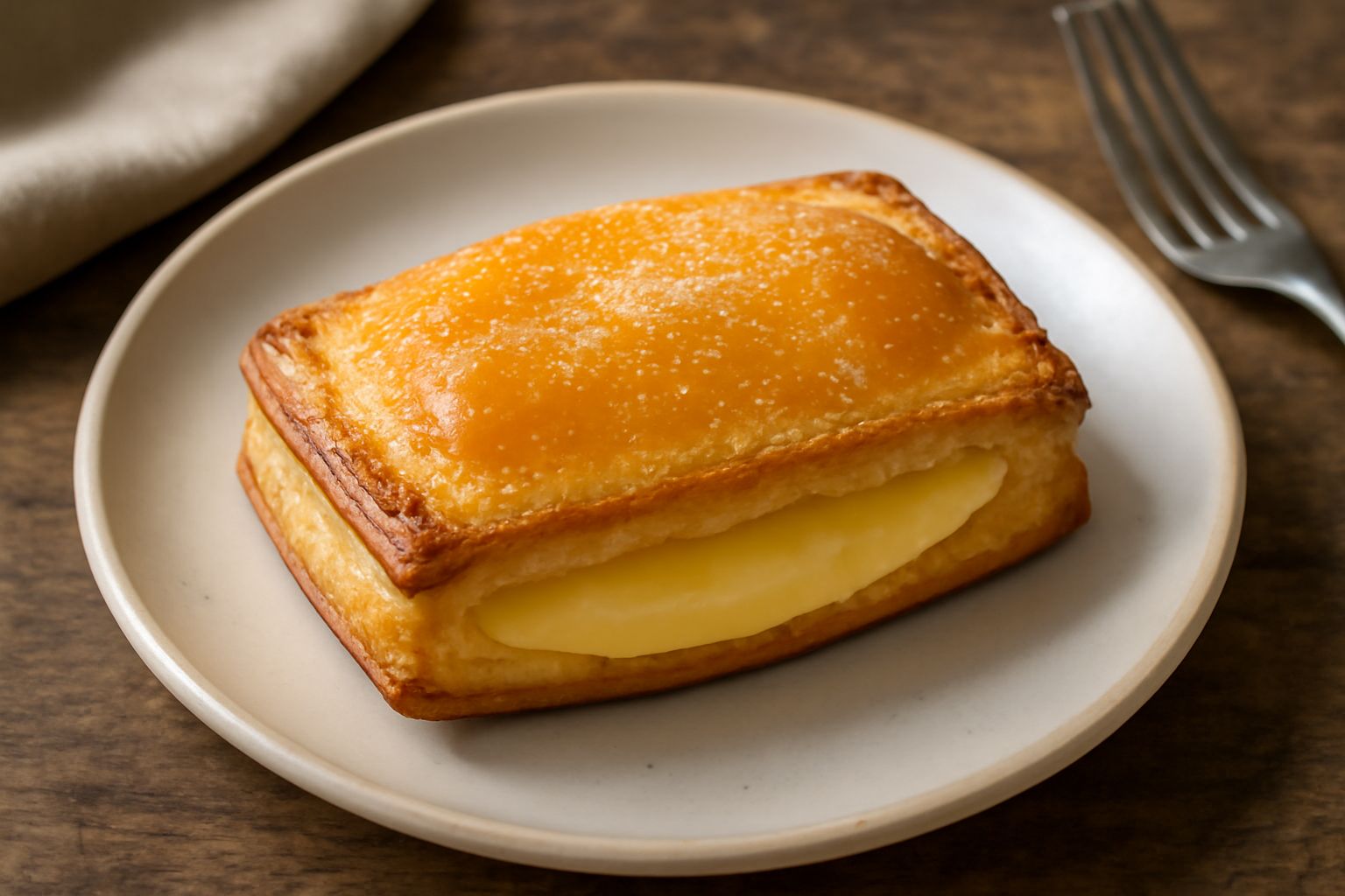 Pasticciotto appena sfornato, dorato e croccante, con la crema gialla che fuoriesce leggermente dai lati, posato su un piatto bianco con una piccola ciotola di crema pasticcera accanto