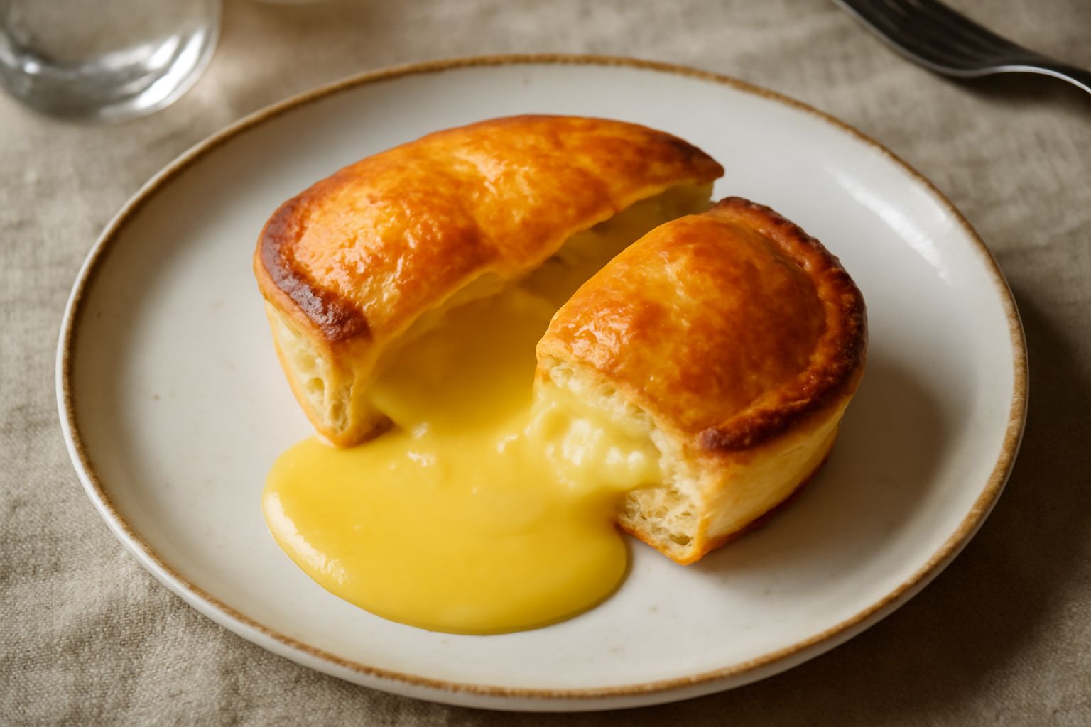 Pasticciotto dorato con crema gialla che fuoriesce tra i due strati di pasta sfoglia, poggiato su un piatto bianco con un cucchiaio di acciaio a fianco