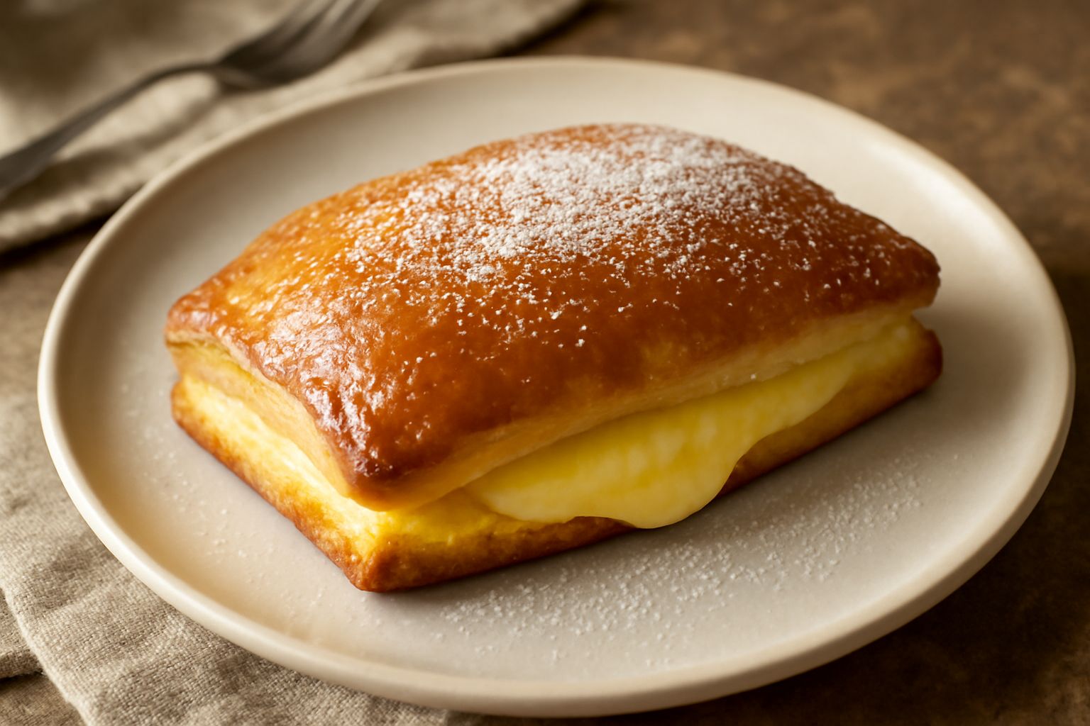 Pasticciotto di Lecce appena sfornato, con sfoglia dorata e croccante, crema pasticcera visibile all'interno dalla parte aperta, spolverato di zucchero a velo
