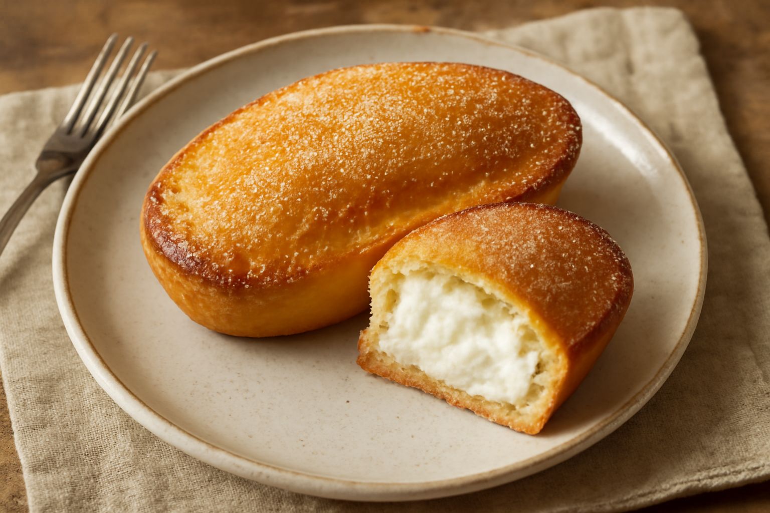 Pasticciotto di ricotta spezzato in mano che mostra il ripieno cremoso bianco e la pasta frolla dorata, servito su un piatto bianco con una tazza di caffè accanto