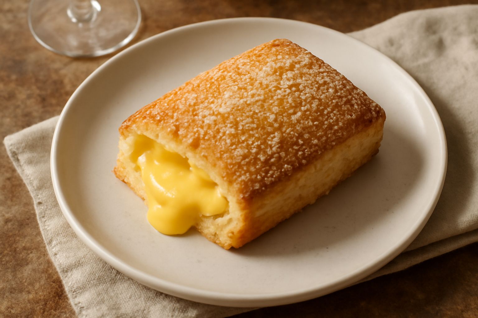 Pasticciotto spezzato a metà su un piatto bianco, che mostra l'interno della crema pasticcera cremosa e gialla, la sfoglia dorata e croccante, con zucchero semolato spolverato sulla parte superiore
