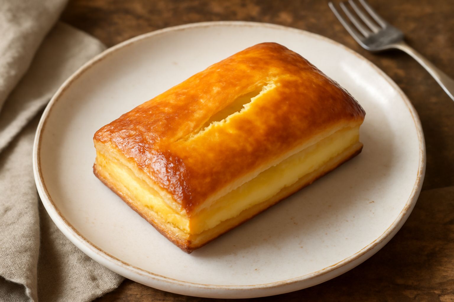 Pasticciotto leccese appena sfornato, con pasta sfoglia dorata e lucida, posato su un piatto bianco, dalla forma rettangolare e spaccatura centrale visibile, accanto una tazza di caffè