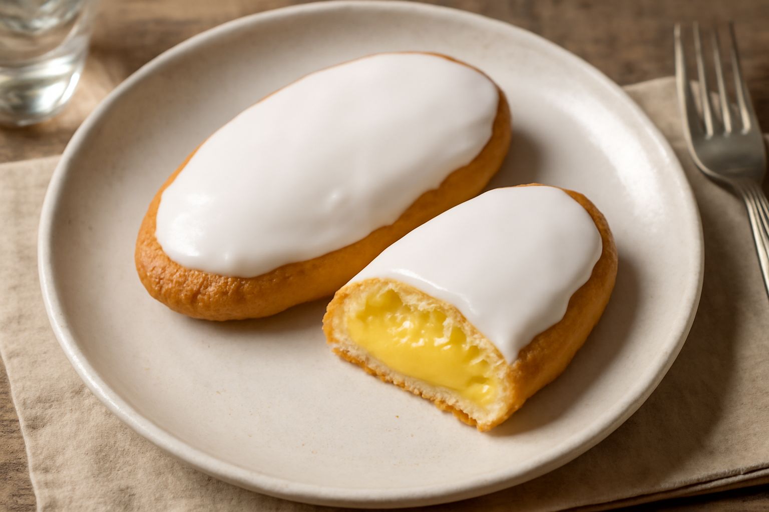 Pasticcotto appena sfornato con pasta frolla dorata e croccante, glassa di zucchero bianca sulla superficie, crema pasticcera visibile al taglio, su piatto bianco con caffè al fondo