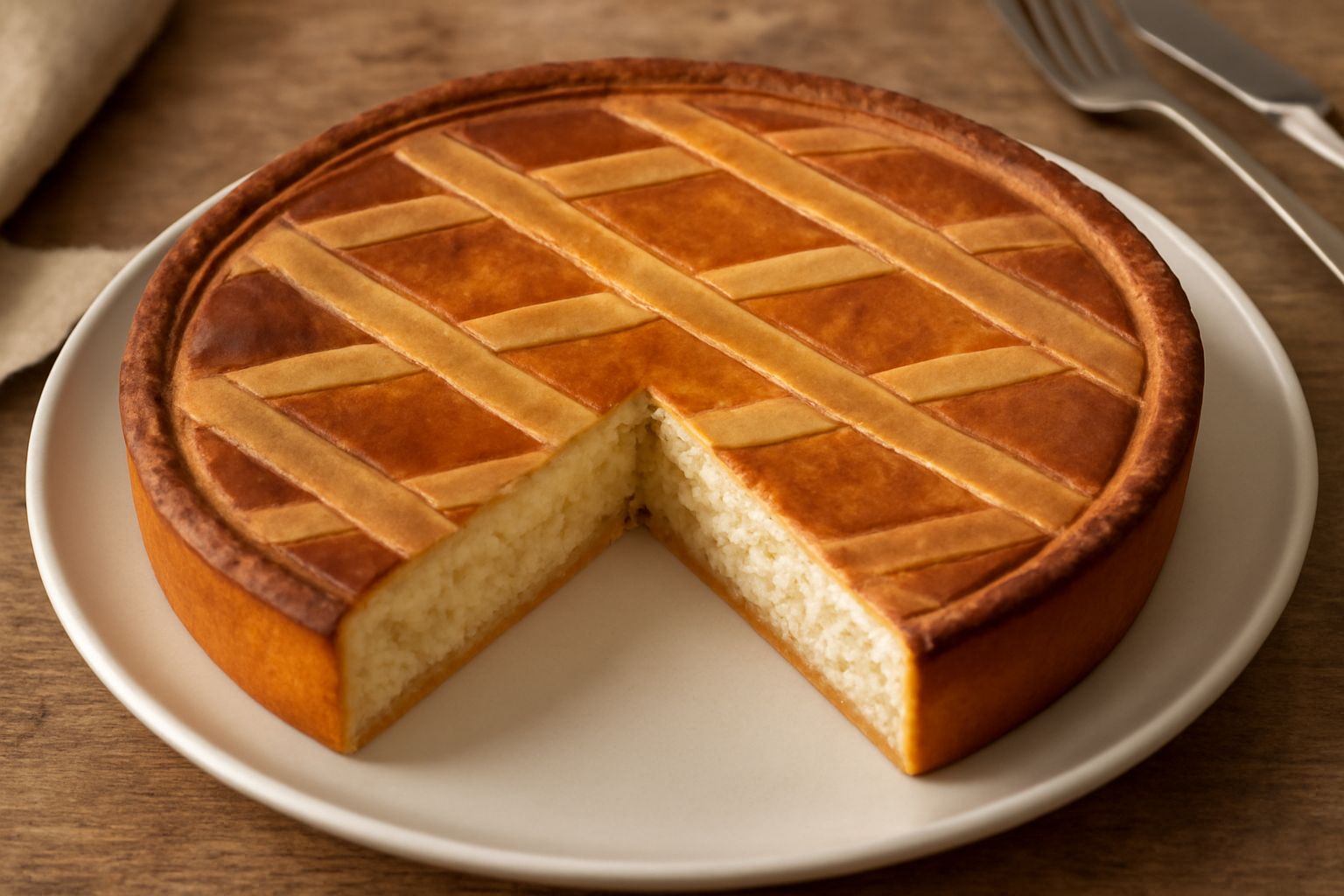 Pastiera napoletana intera su piatto bianco, crosta dorata, superficie decorata a losanga con coltello, fetta tagliata che mostra interno cremoso beige con chicchi di grano visibili, canditi arancioni