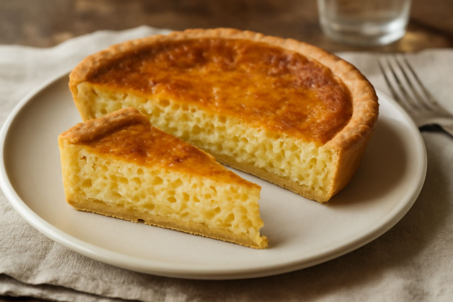Pastiera abruzzese affettata: pasta frolla dorata, interno cremoso giallo con chicchi di grano visibili, spolverata di zucchero a velo, servita su piatto bianco