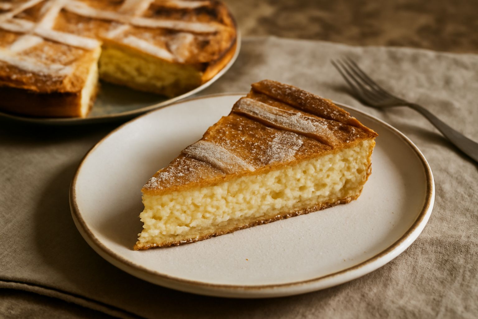 Pastiera di grano appena sfornata in teglia rettangolare, con superficie dorata e leggermente gonfia, crosta di pasta frolla color miele ai bordi, guarnizione di zucchero semolato sulla sommità