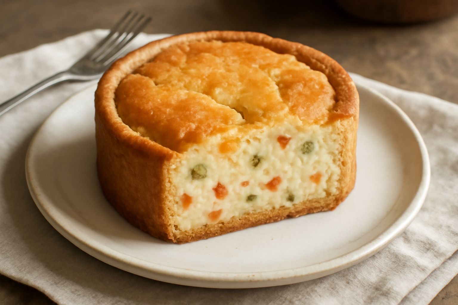 Pastiera lucana intera su un piatto bianco, con superficie dorata e screpolature tipiche, circondata da uova di quaglia colorate e rami di mirto fresco
