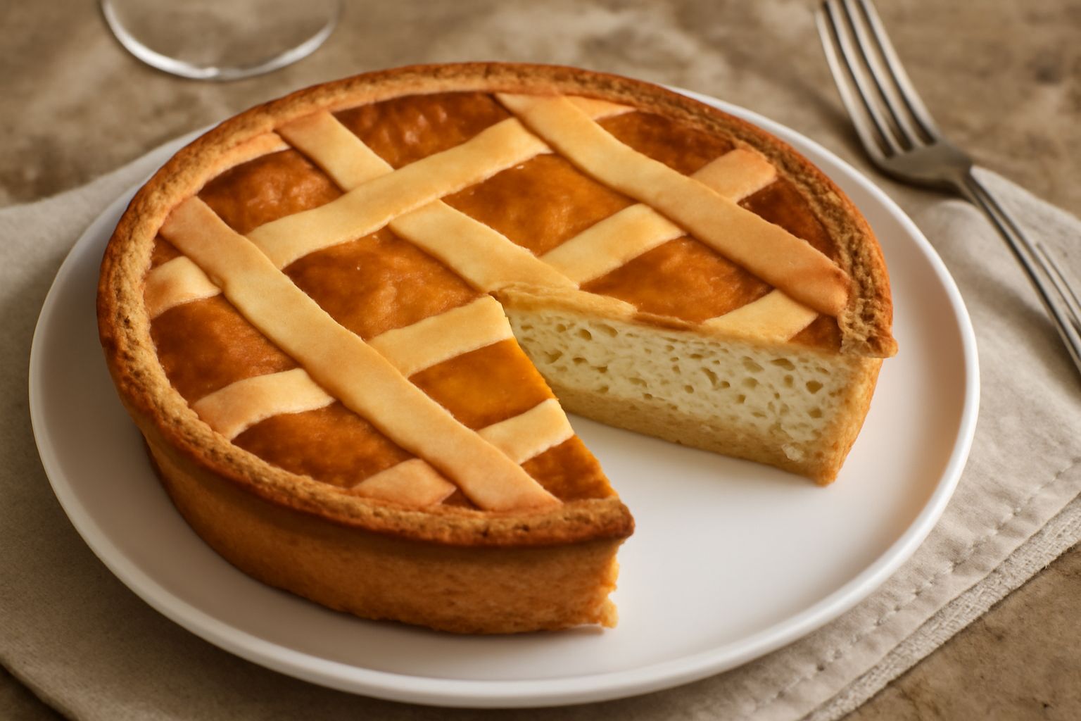 Pastiera napoletana intera su piatto bianco, vista dall'alto: sfoglia dorata con reticolato di pasta, interno color crema con chicchi di grano visibili, guarnizione di zucchero a velo sugli spigoli