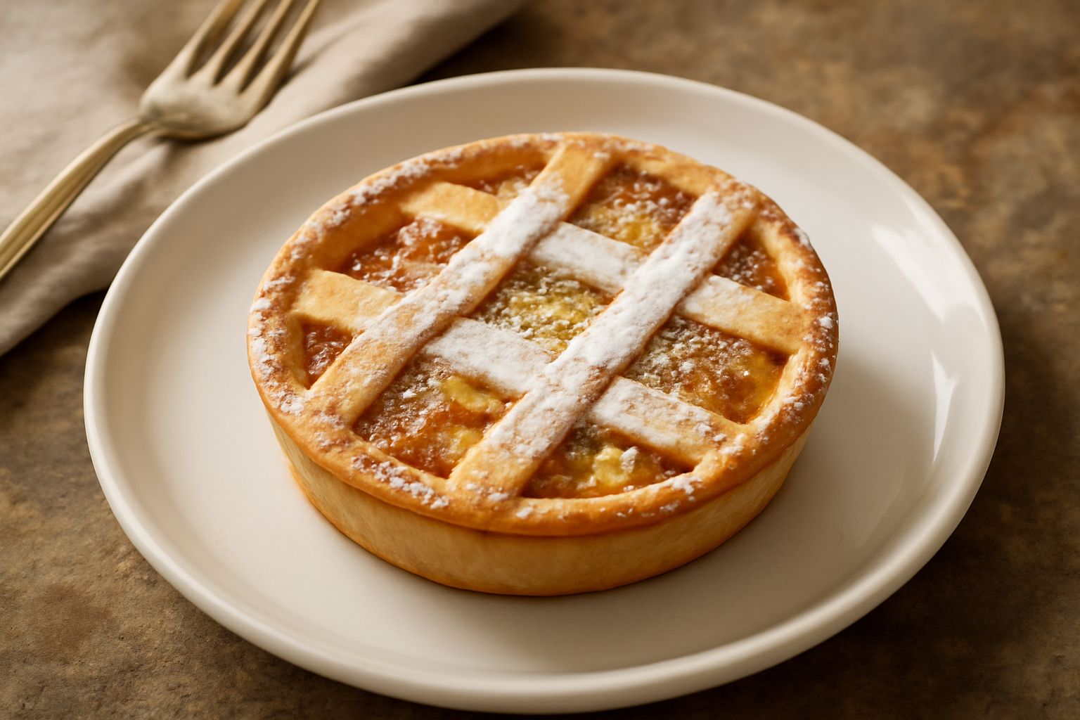 Tre pastiere piccole individuali in pirottini di carta sulla tavola di Pasqua, con decorazioni di pasta frolla a intrecciata sopra e zucchero semolato, su fondo bianco