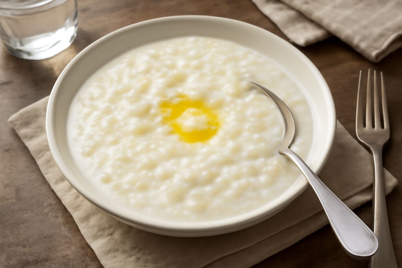 Una ciotola bianca colma di pastina cremosa in latte tiepido, decorata con un ricciolo di burro dorato al centro, su sfondo di tavolo di legno chiaro con cucchiaio di metallo accanto