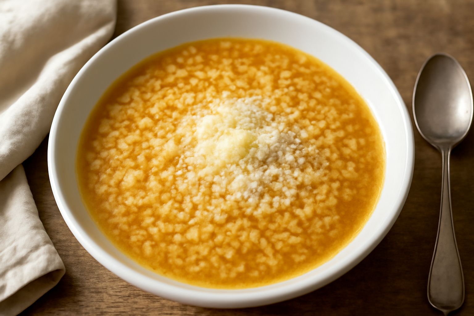 Ciotola bianca di ceramica riempita di pastina minuta in brodo trasparente color ambra, decorata con parmigiano grattugiato bianco e prezzemolo fresco verde, su tovaglia a quadretti bianchi