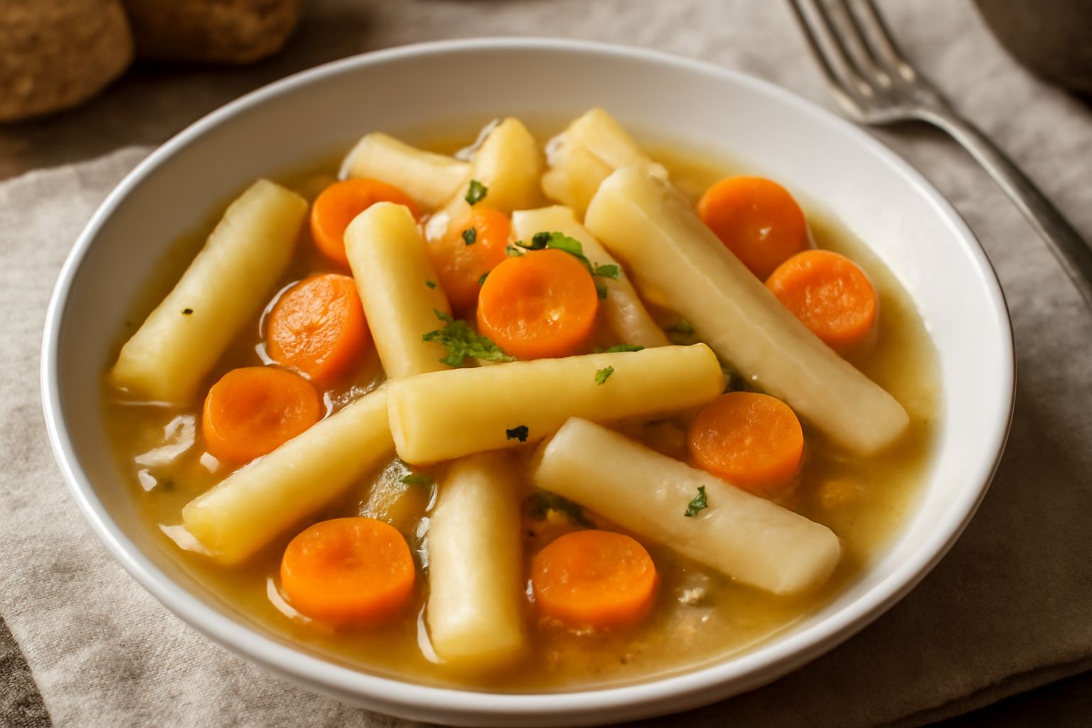 Pastinaca in umido servita in piatto bianco, pezzi morbidi color avorio con carote arancioni e cipolla, sugo leggero e rosmarino fresco