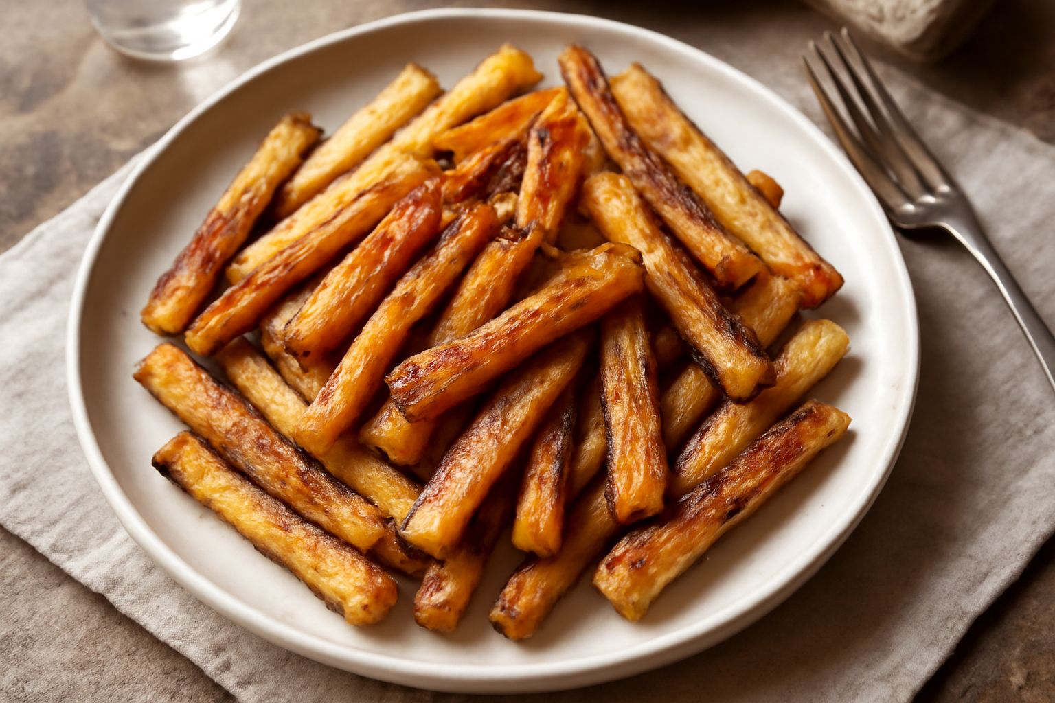 Bastoncini di pastinaca dorati e croccanti disposti su un piatto bianco, con sfumature marroni dal rossolamento e qualche foglia di prezzemolo fresco accanto