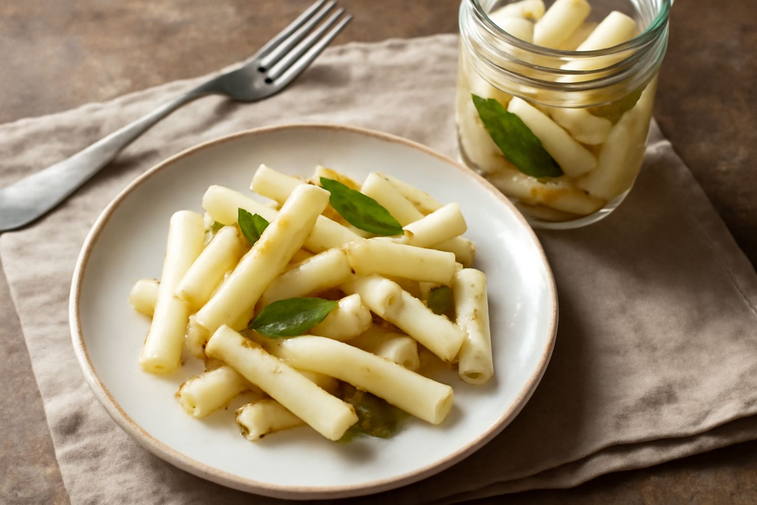 Barattolo di vetro con strisce di pastinaca bianca e crema tagliate a bastoncini, immerse in liquido trasparente con chicchi di senape e spicchi di aglio visibili, sfondo bianco