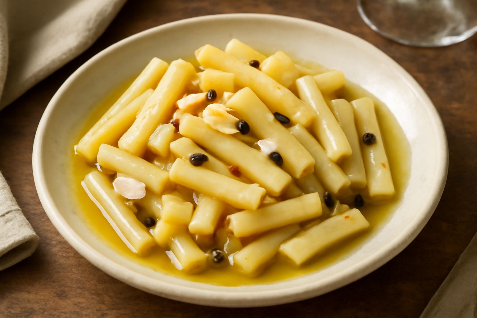Vasetto trasparente di vetro con pastinaca giallo pallido tagliata a bastoncini immersa in olio di oliva dorato, aglio intero e peperoncino, su sfondo di legno chiaro