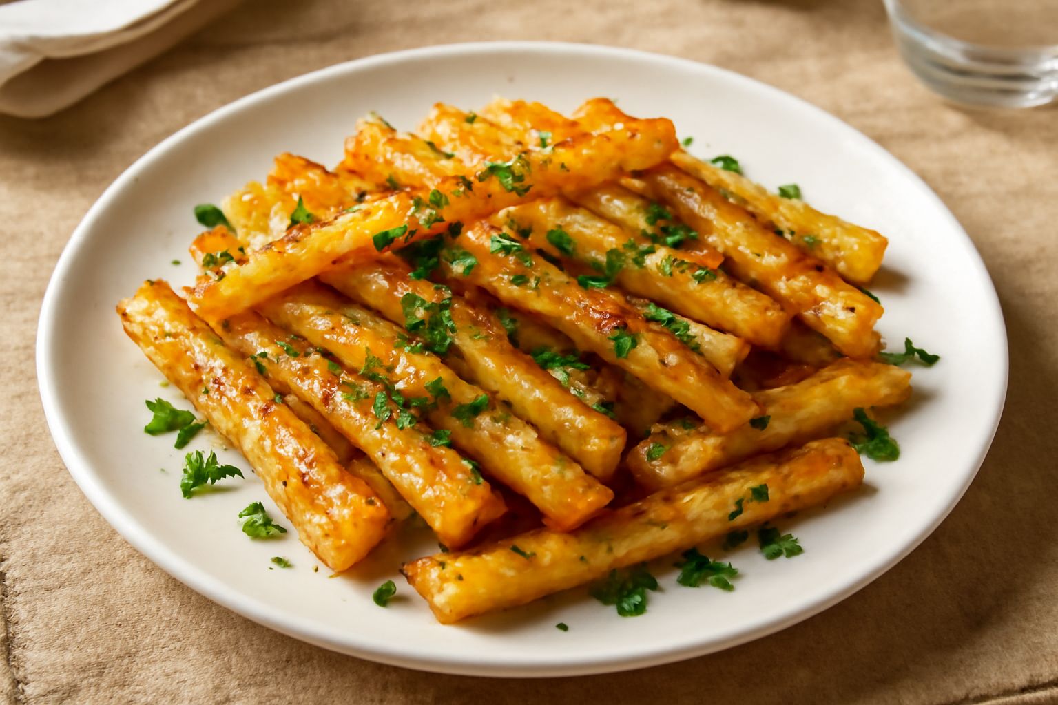Pastinache dorate e croccanti ripassate in padella, tagliate a bastoncini uniformi, con aglio e prezzemolo fresco su fondo bianco, impiattate in piatto di ceramica grigia