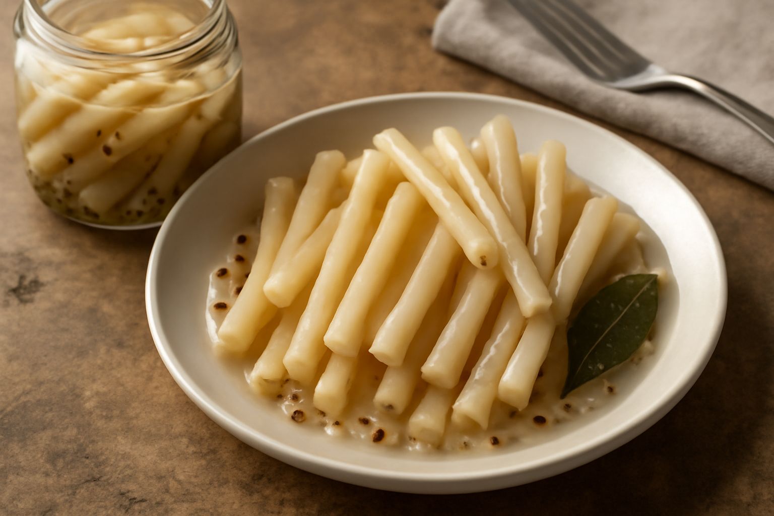 Barattolo di vetro con pastinache tagliate a bastoncini color avorio e bianche, immerse in liquido trasparente con spezie visibili e etichetta bianca, su un piano di legno chiaro con un cucchiaio di m