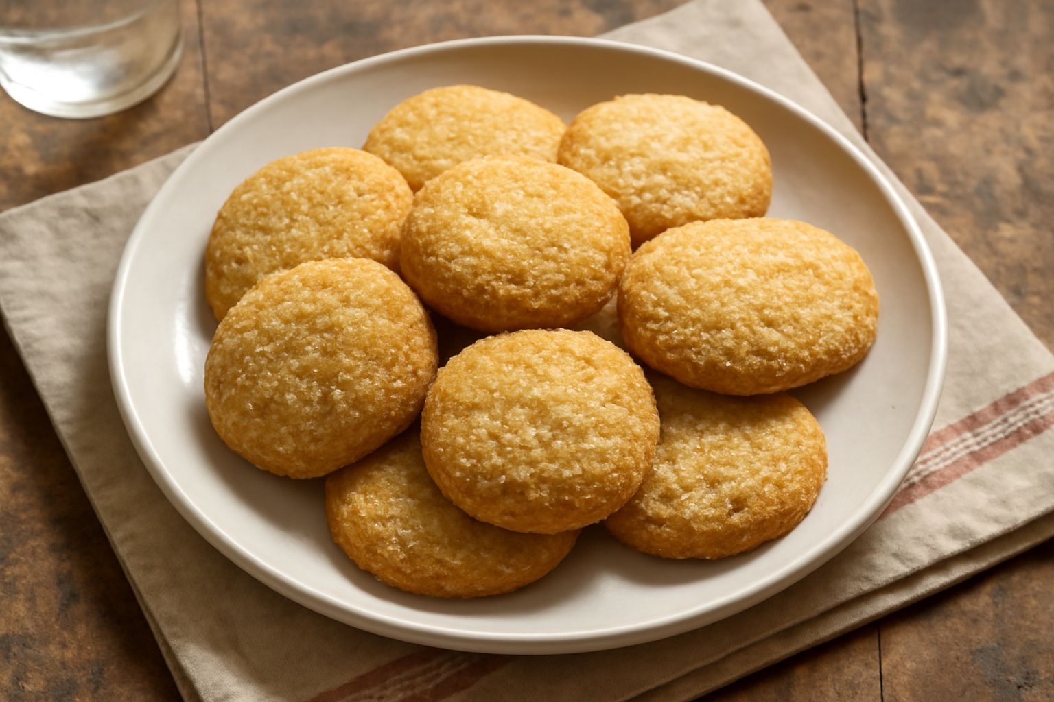 Pastine di semola dorate e croccanti disposte su un piatto bianco, con zucchero semolato brillante sulla superficie, sfondo di tavolo di legno naturale
