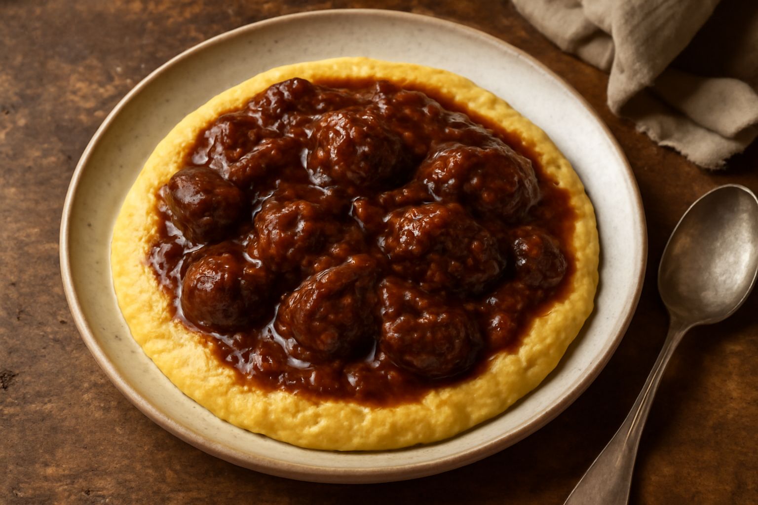 Un piatto fondo in ceramica bianca con stufato di carne di cavallo scura e lucida, salsa marrone densa con riflessi rossi, guarnito con polenta bianca cremosa ai lati, vapore che sale dalla pietanza