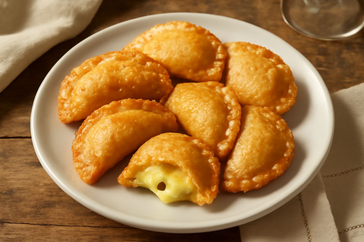 Pastizzotti dorati e croccanti ripieni di crema pasticcera, disposti su un piatto bianco con una leggera spolverata di zucchero a velo, vapore ancora visibile