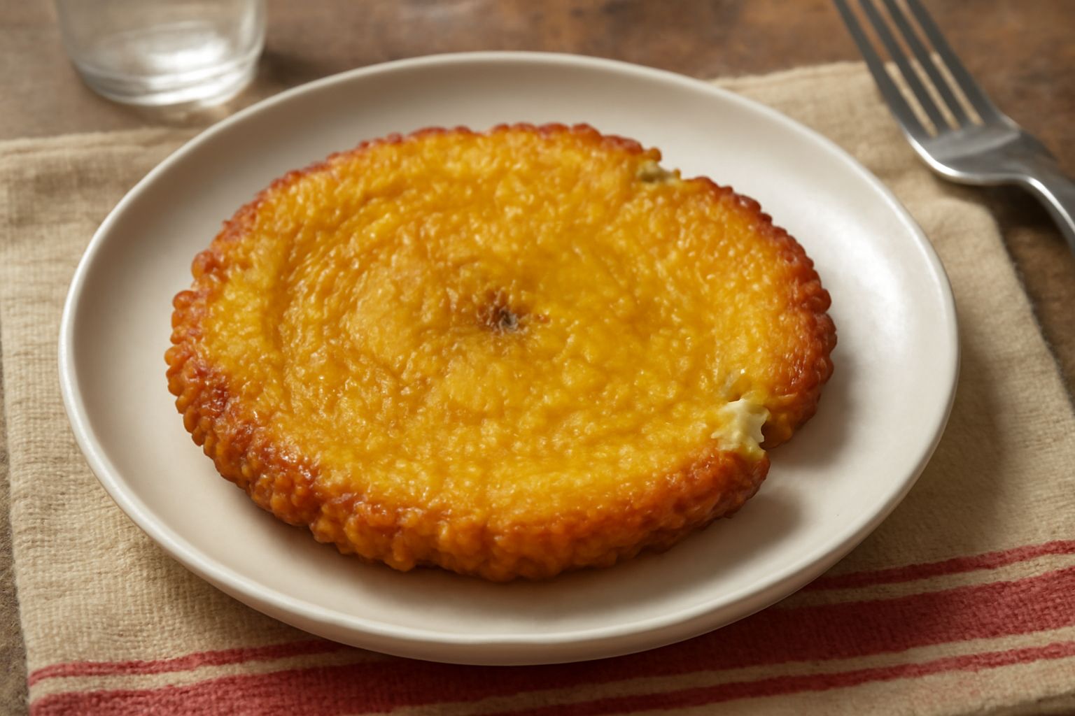 Patacone croccante e dorato, appiattito in forma circolare, posato su un piatto bianco con una ciotola di salsa rossa a fianco e limone fresco
