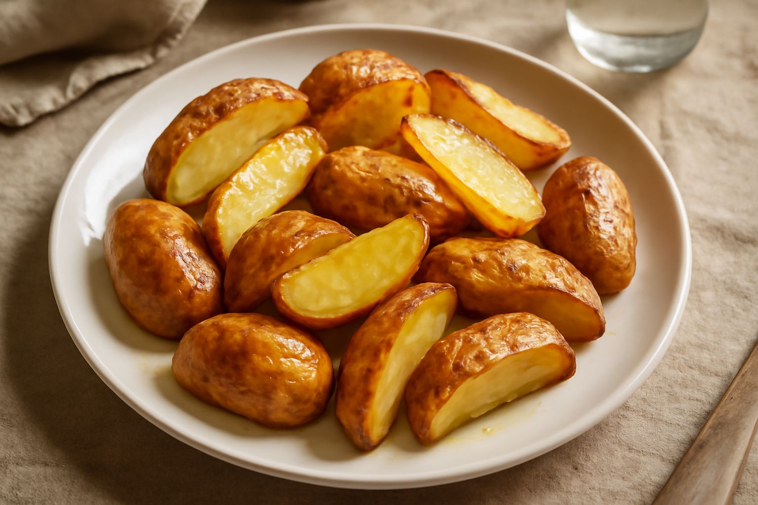 Patane dorate e croccanti disposte su una teglia da forno bianca, con buccia ancora visibile, qualche goccia d'olio e uno spolvero di sale grosso, sfondo neutro