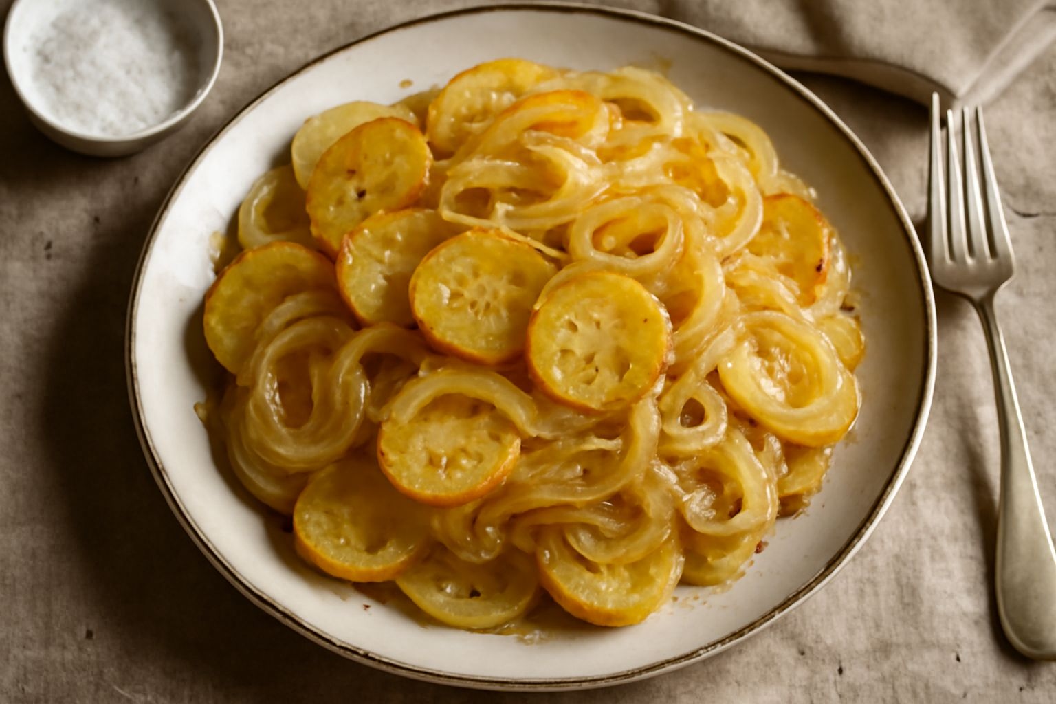 Patate tagliate a fette sottili dorate e croccanti, mescolate a cipolle caramellate trasparenti e leggere, servite in un piatto bianco con gocce d'olio lucido in superficie