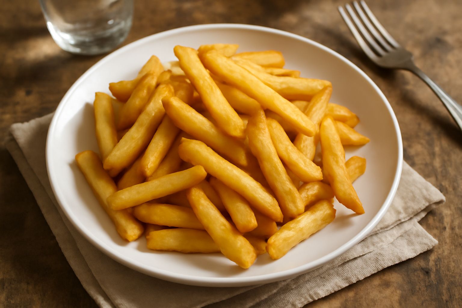 Patate fritte dorate e croccanti in un contenitore di carta bianca, vapore ancora visibile, sale grosso sparso sulla superficie