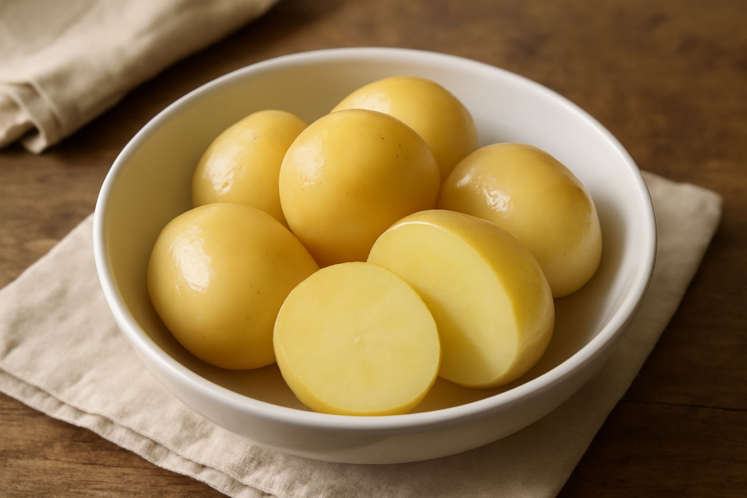Patate bollite color avorio tagliate a metà in un piatto bianco, con buccia integra e polpa cremosa, accanto a un rametto di prezzemolo fresco