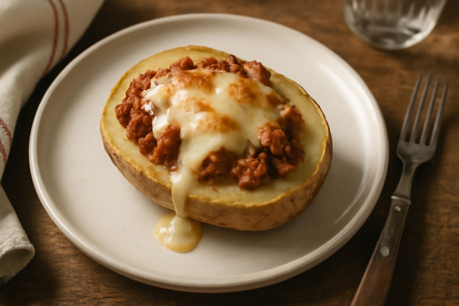 Patata ripiena di mozzarella filante e ragù di carne al forno, con crosta dorata in superficie e formaggio che fuoriesce dal taglio superiore