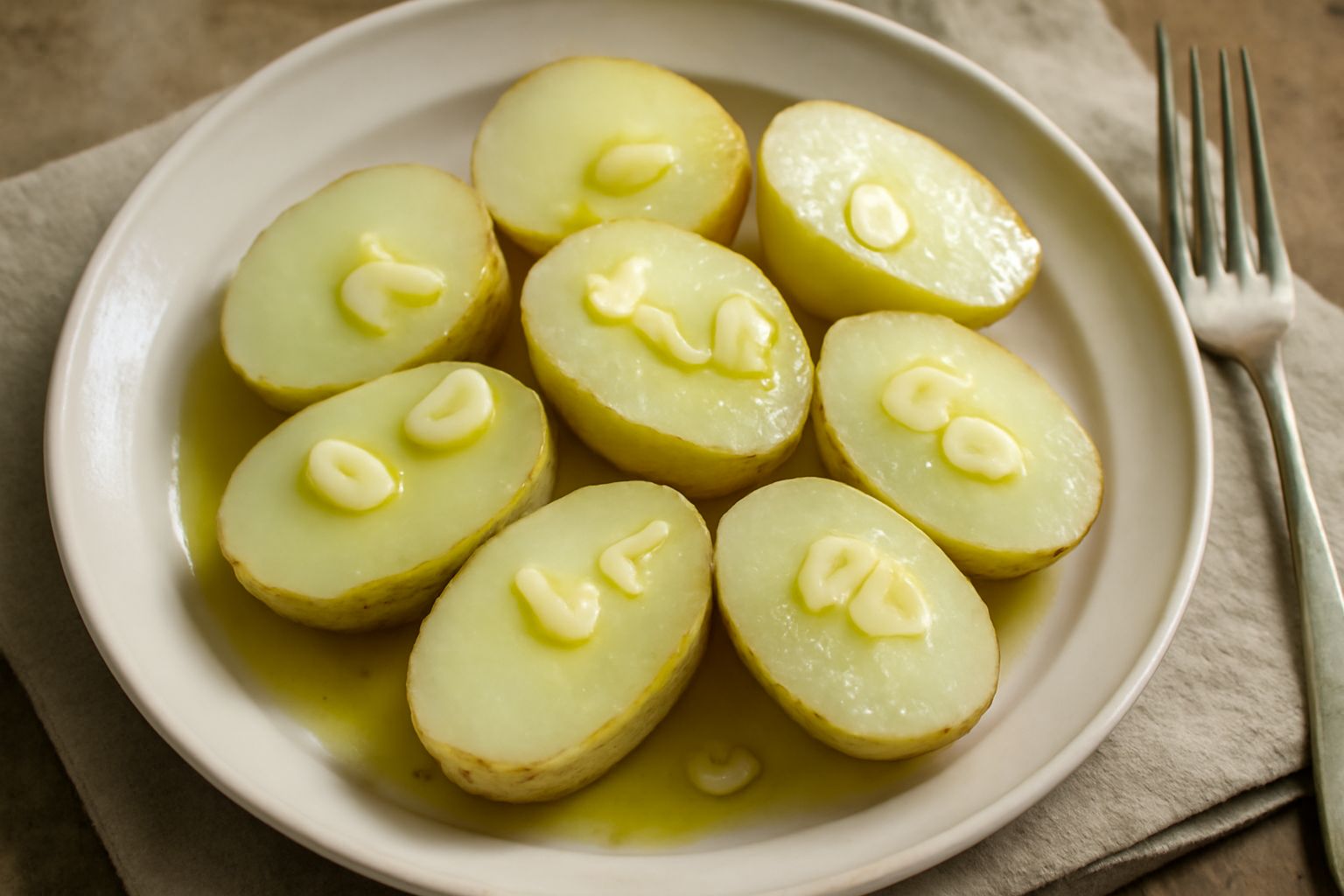 Patate bianche intere lessate tagliate a metà in un piatto bianco, condite con olio verde e fettine sottili di aglio fresco, con una leggera traccia di olio lucido sulla superficie